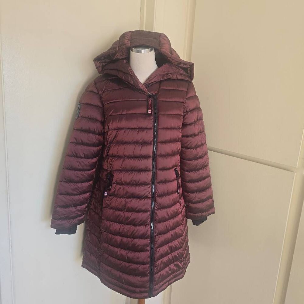 CANADA WEATHER GEAR Dark Burgundy Faux Down Winter Coat, Lrg. Hood, NWT, Size L